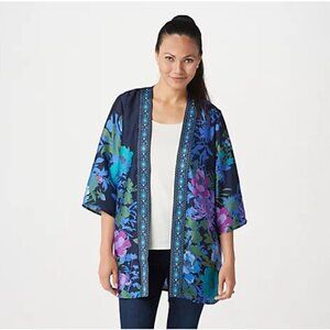 Susan Graver Floral Printed Woven Open Front Embroidered Cardigan-Size XS